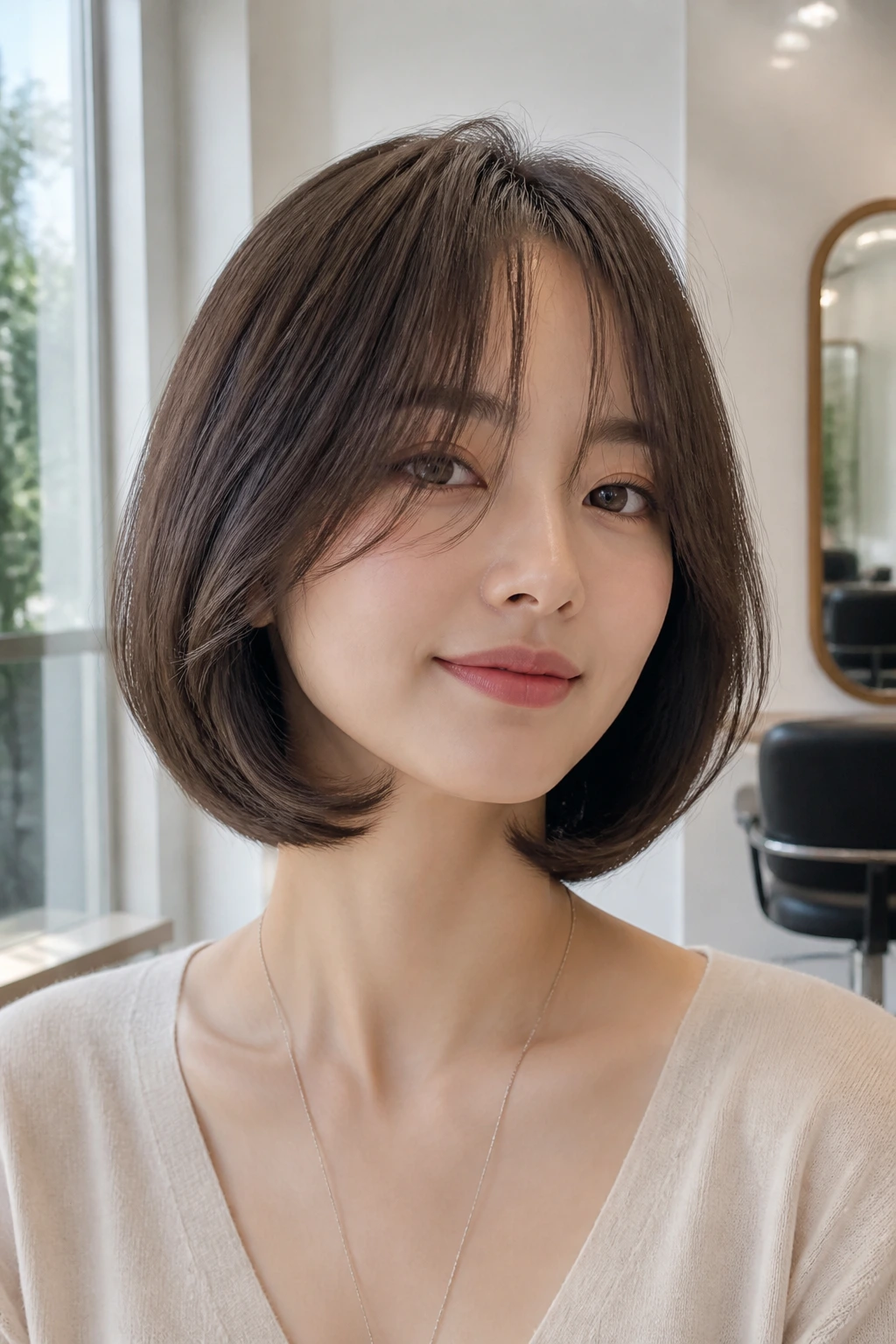 Portrait of a real woman with rounded C-curve bob and curtain bangs