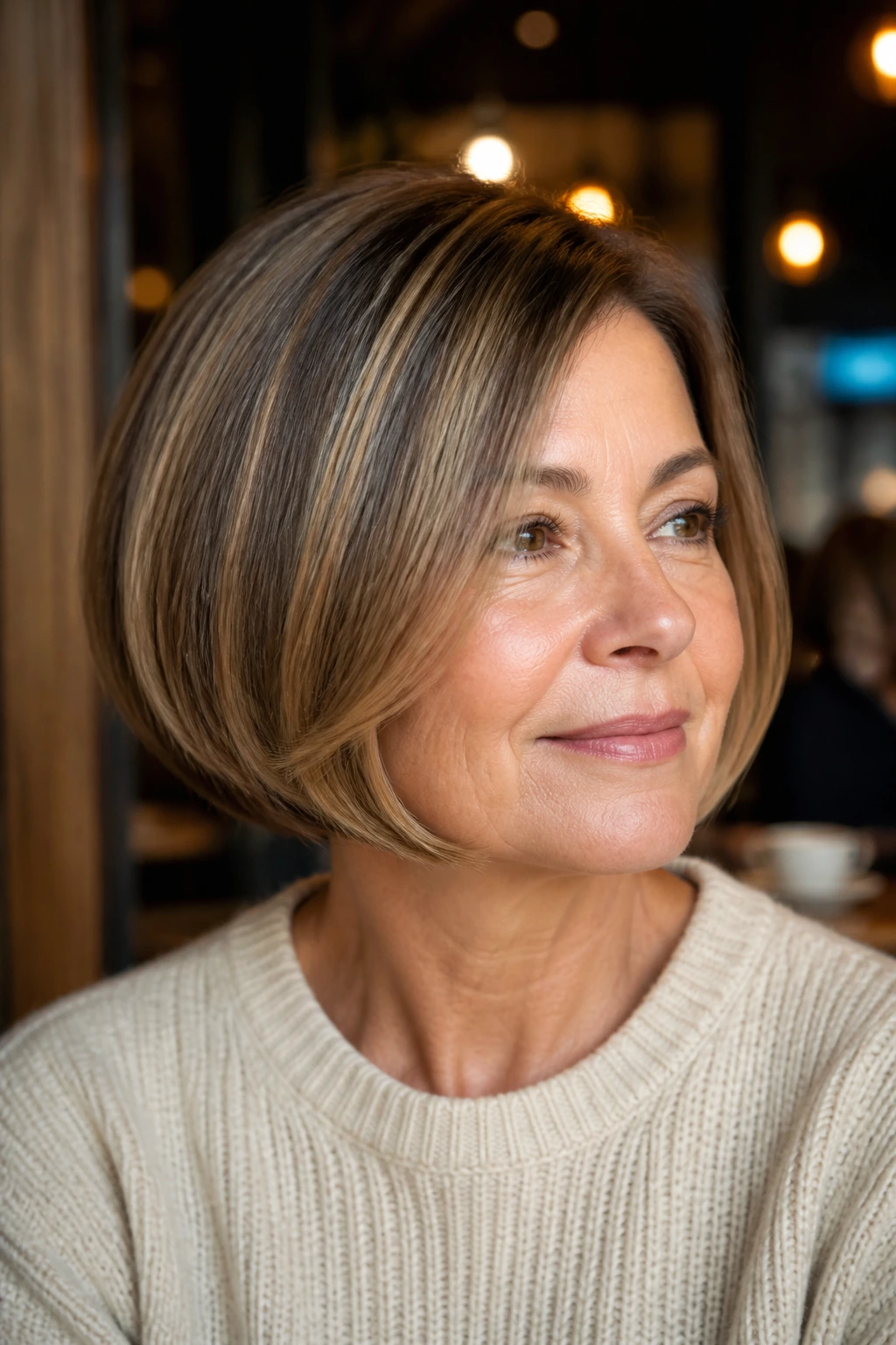 Close-up of a woman with a rounded bob and tucked ends, caramel highlights near the ear and front curve
