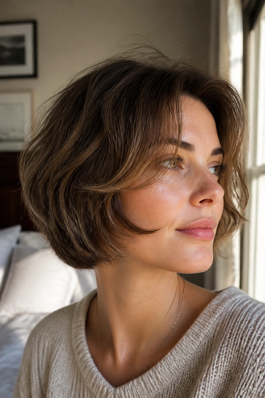 Close-up portrait of a real woman with a rounded bob and cheekbone flicks.