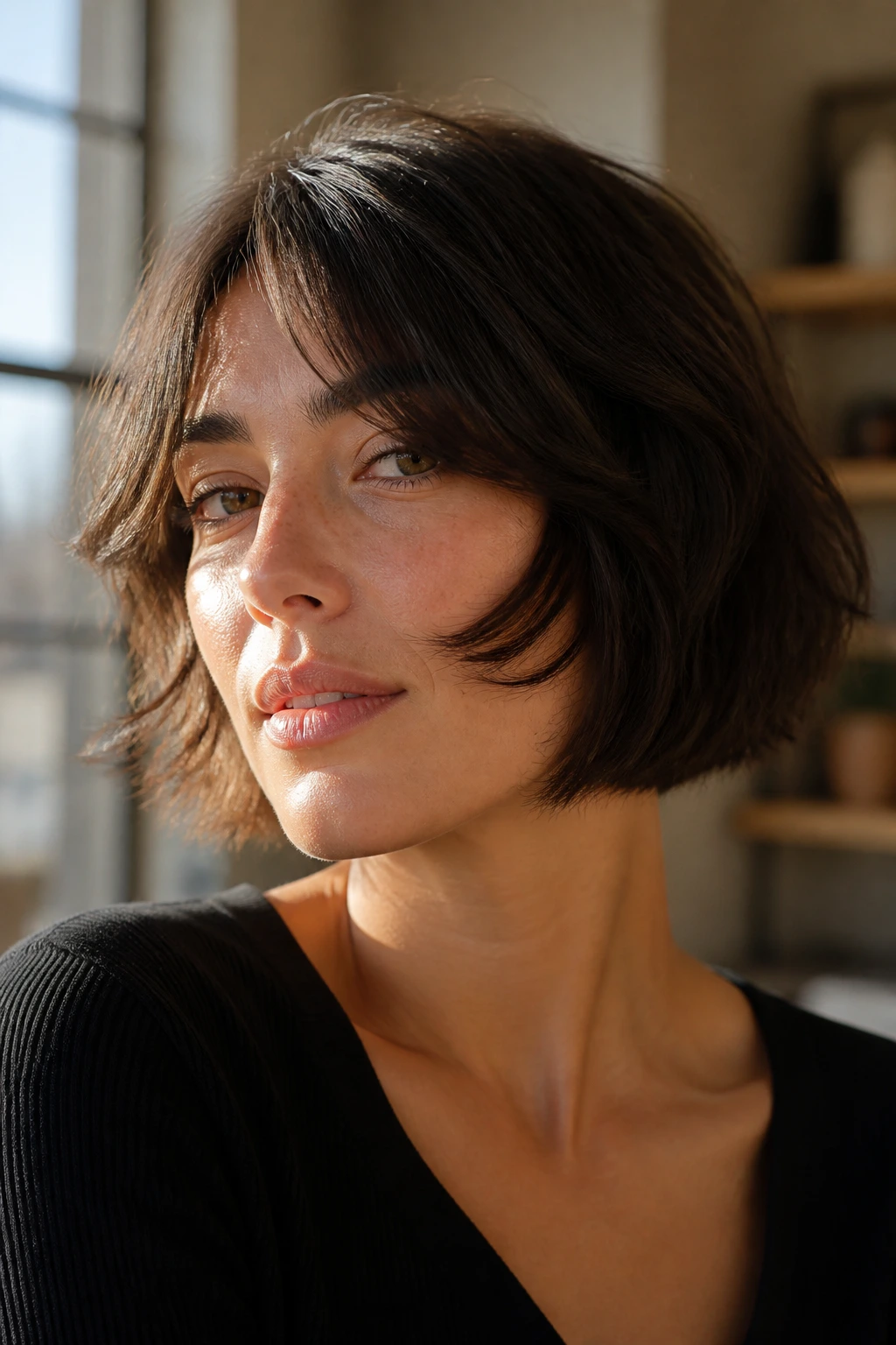 Portrait of a real woman with a rounded bob and cheekbone-grazing fringe