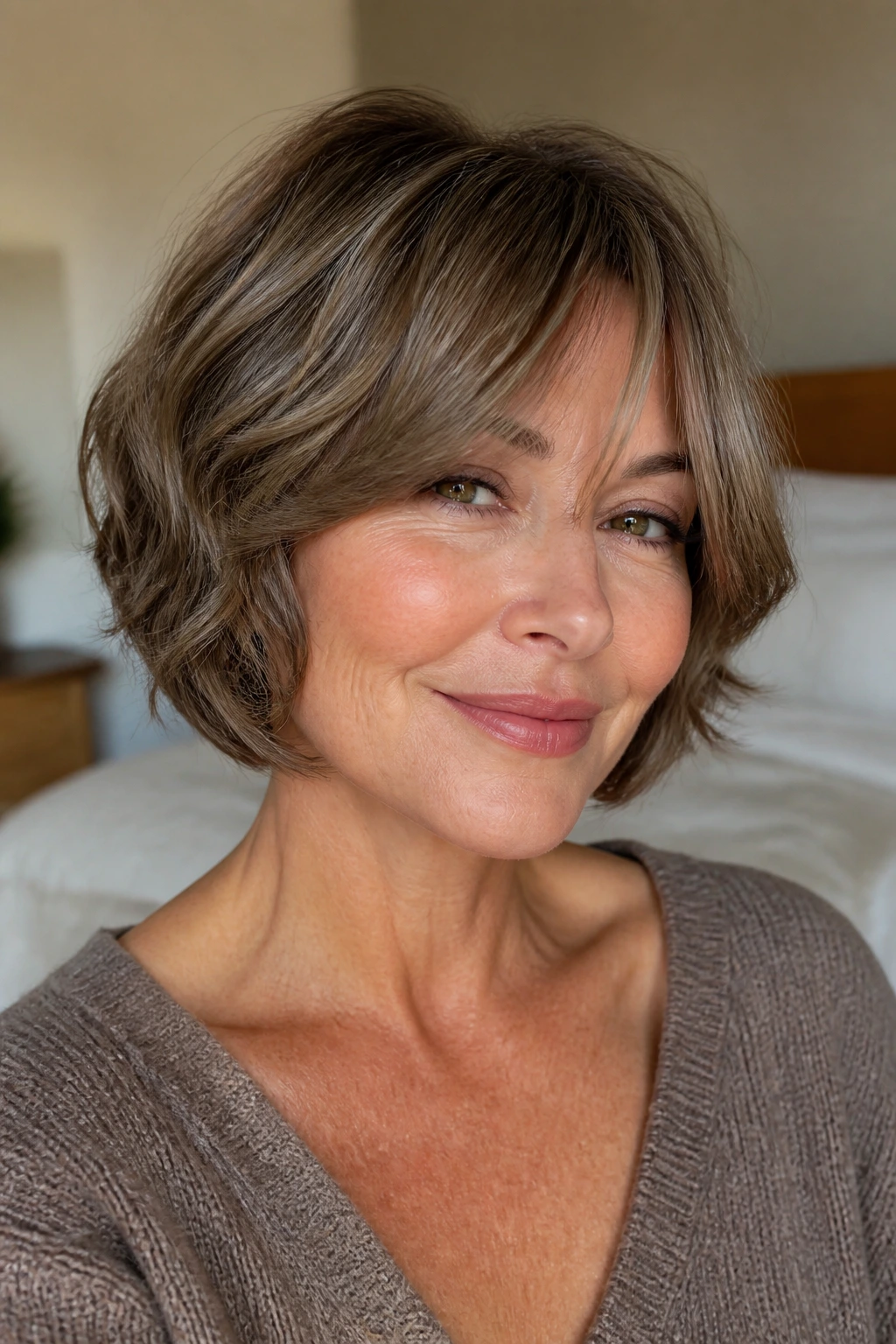 Close-up portrait of a real woman with a rounded bob and cheekbone-skimming fringe