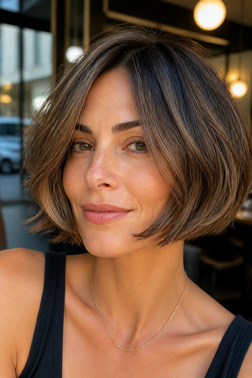 Portrait of a woman with a rounded bob that hits the cheekbones