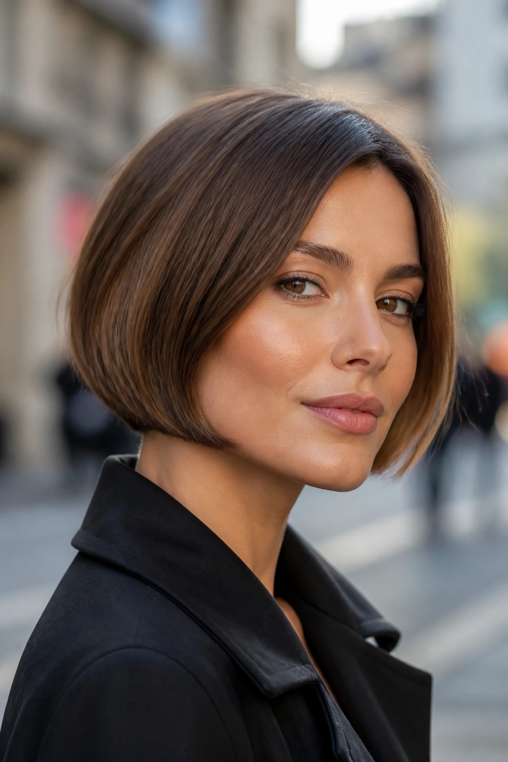 Real woman with rounded bob accentuating cheekbones