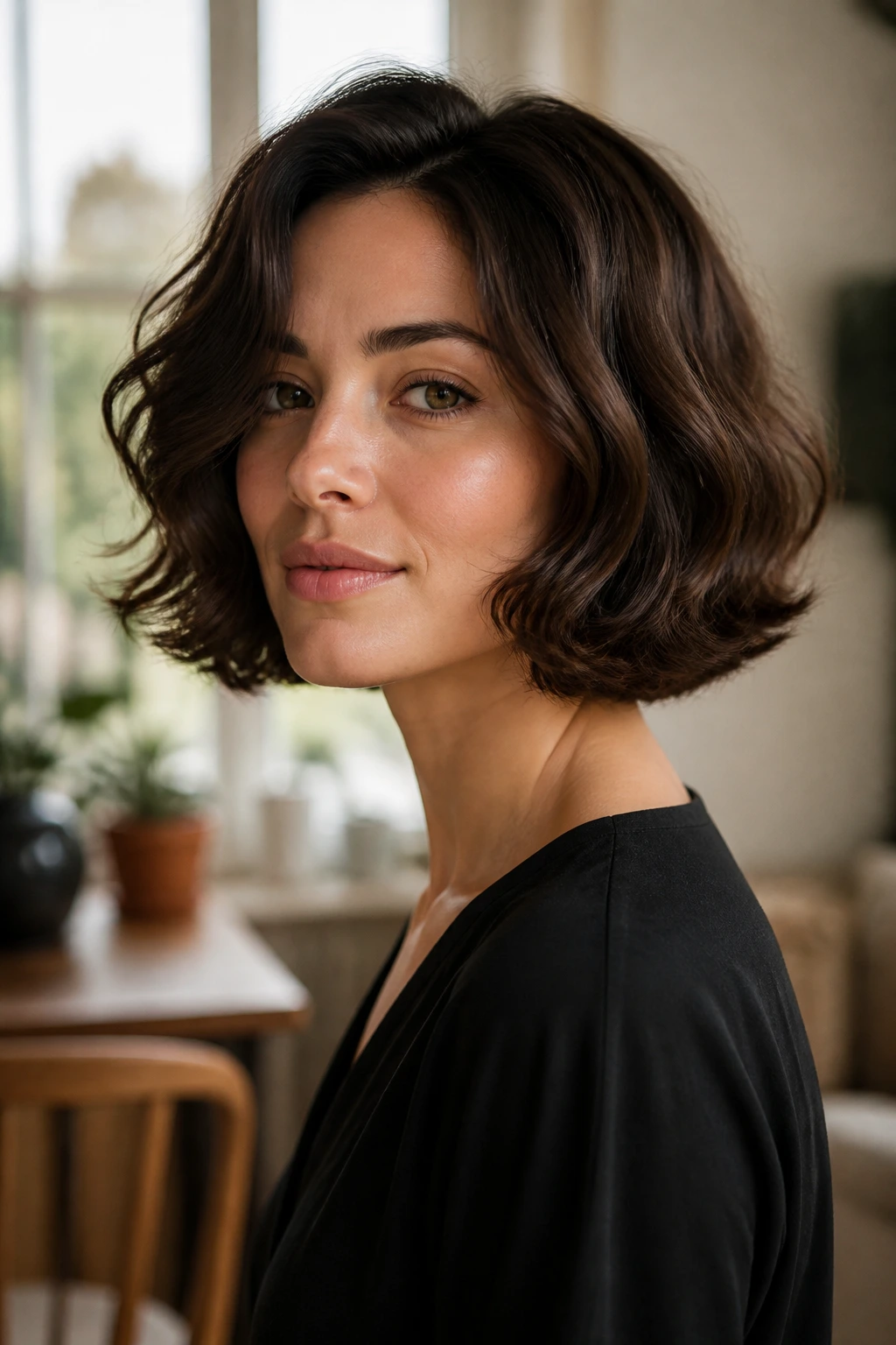 Close-up of a real woman with a rounded bob hugging the cheekbones and soft waves