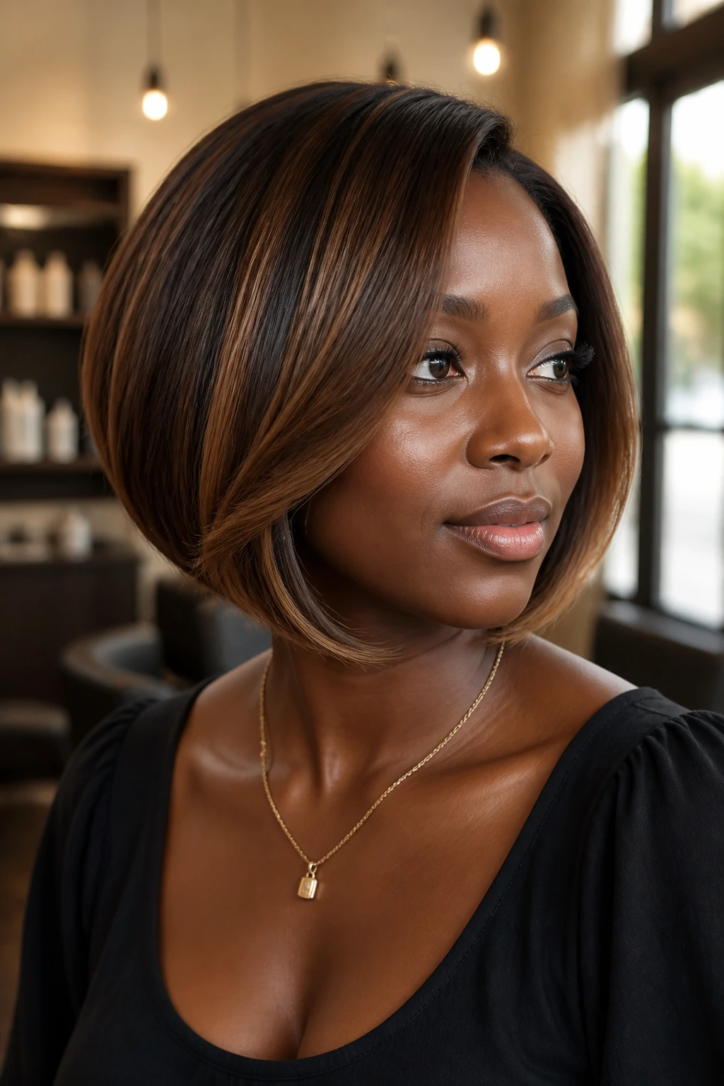 Close-up of chestnut highlights on a rounded bob on a real woman in a sunlit salon