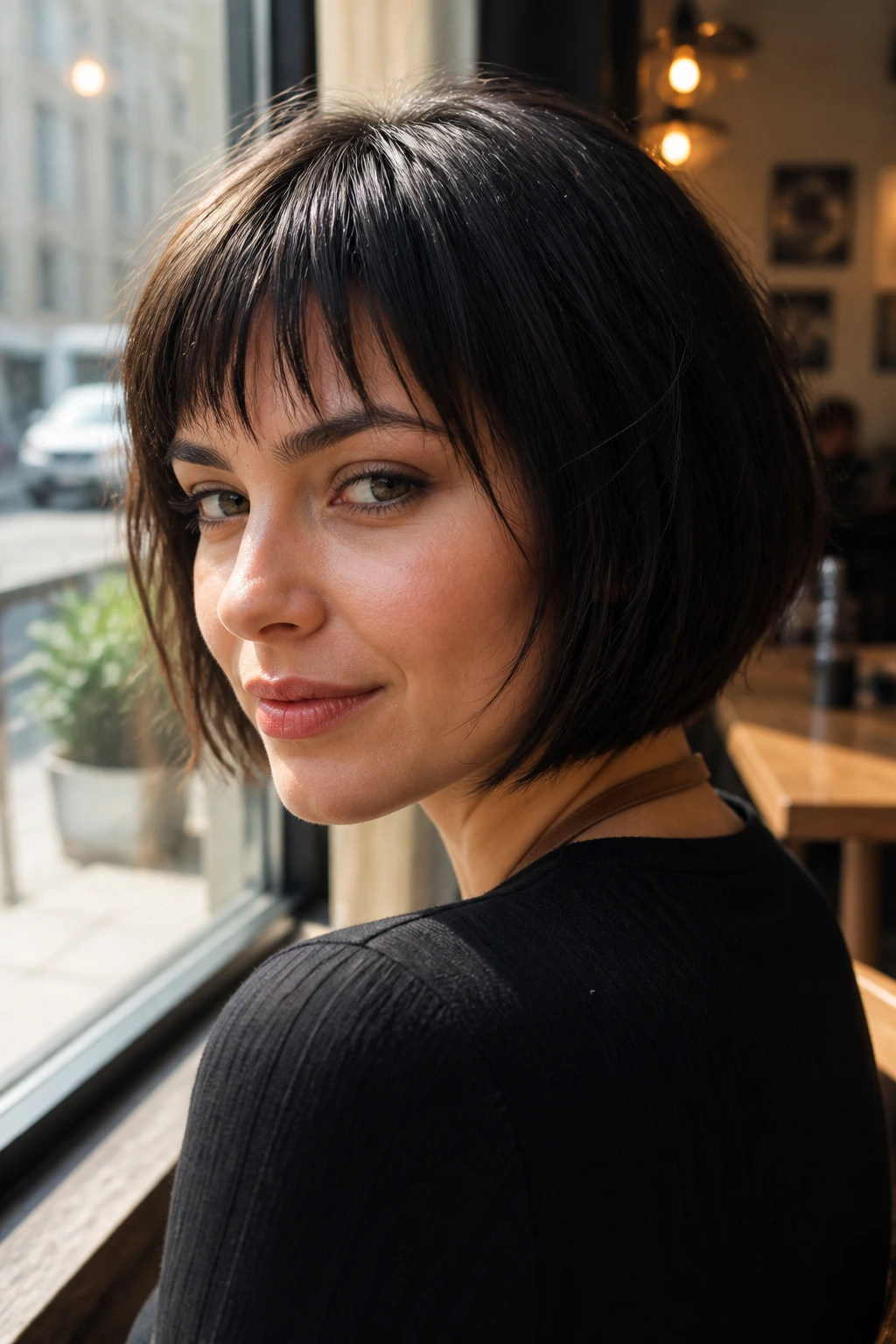 Portrait of a real person with rounded bob and choppy bangs.