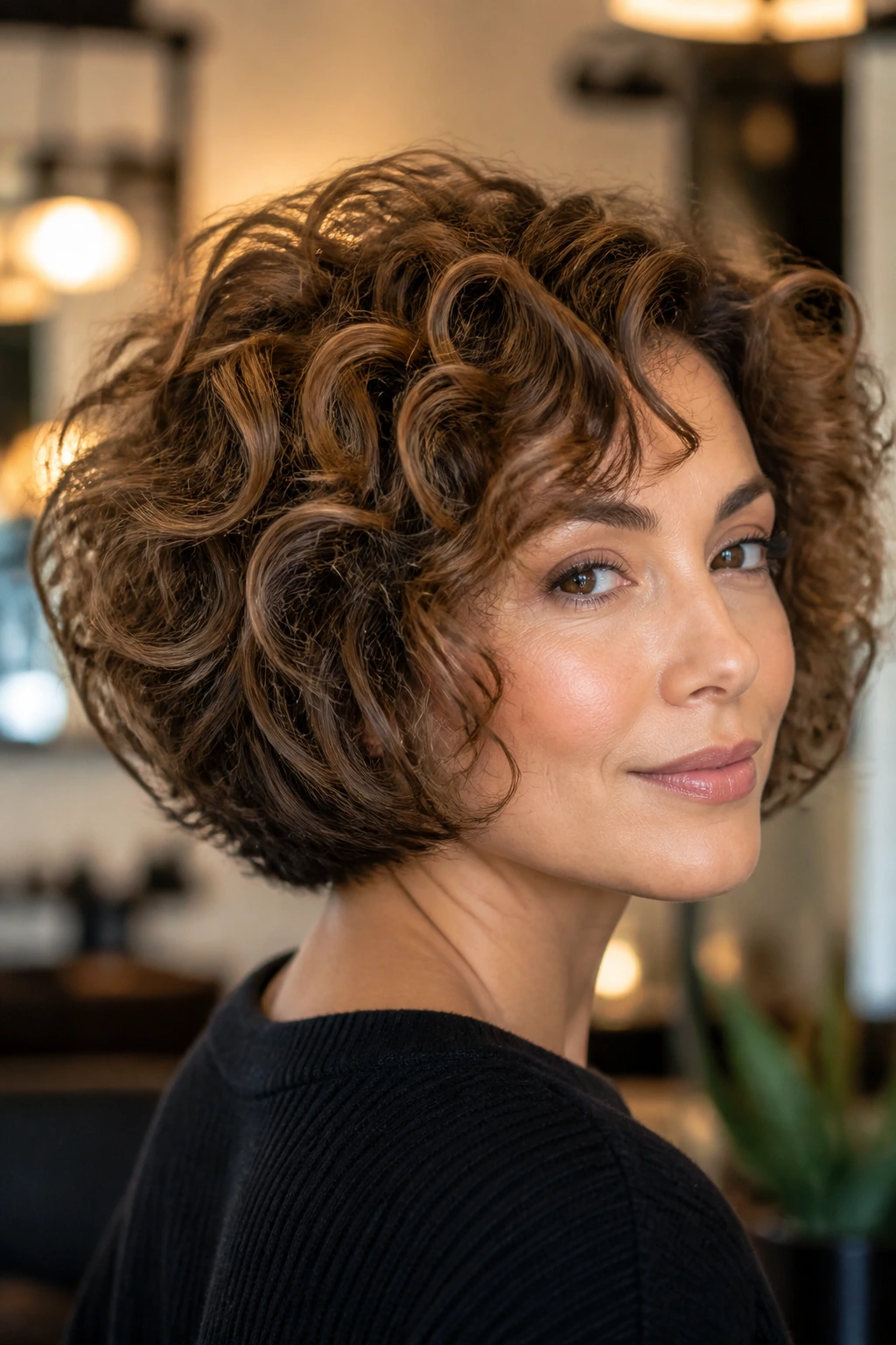 Rounded curly bob with cocoa underlayers framing the face