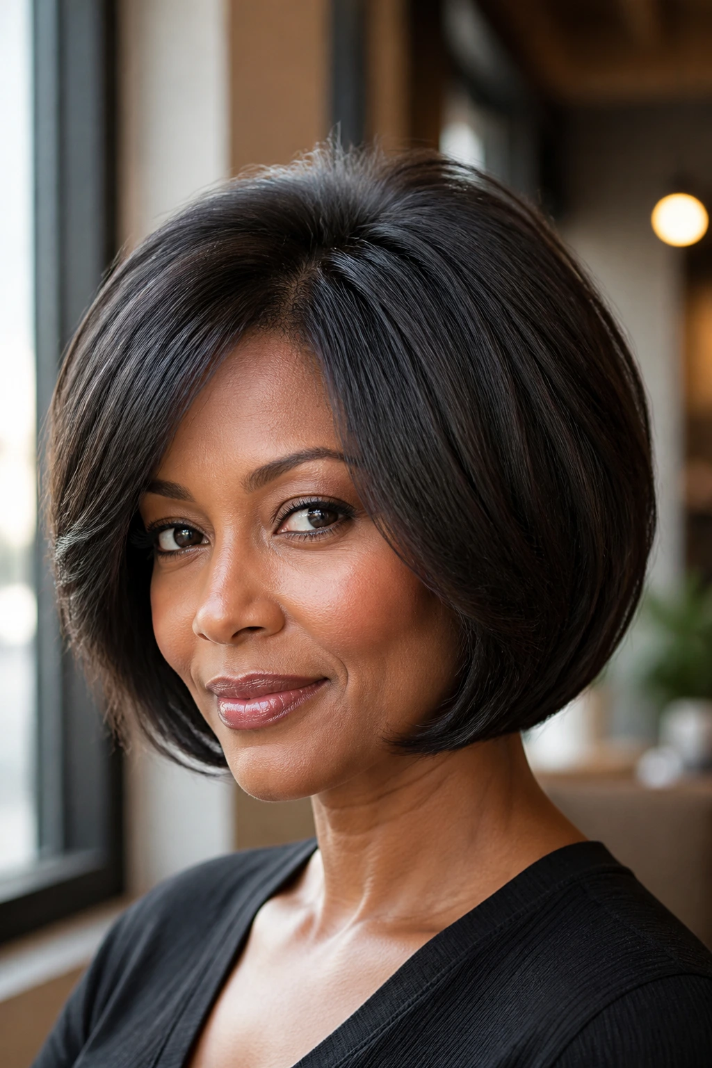 Close-up of a Black woman with a rounded bob and a full crown in warm window light