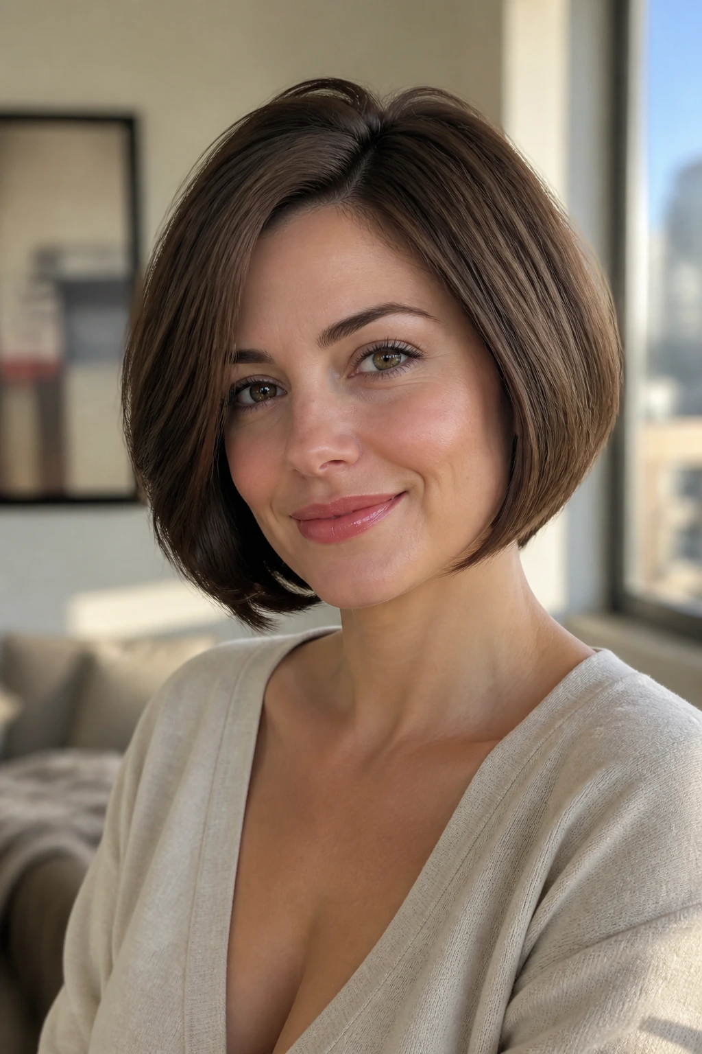 Medium close-up of real person with rounded bob and crown lift