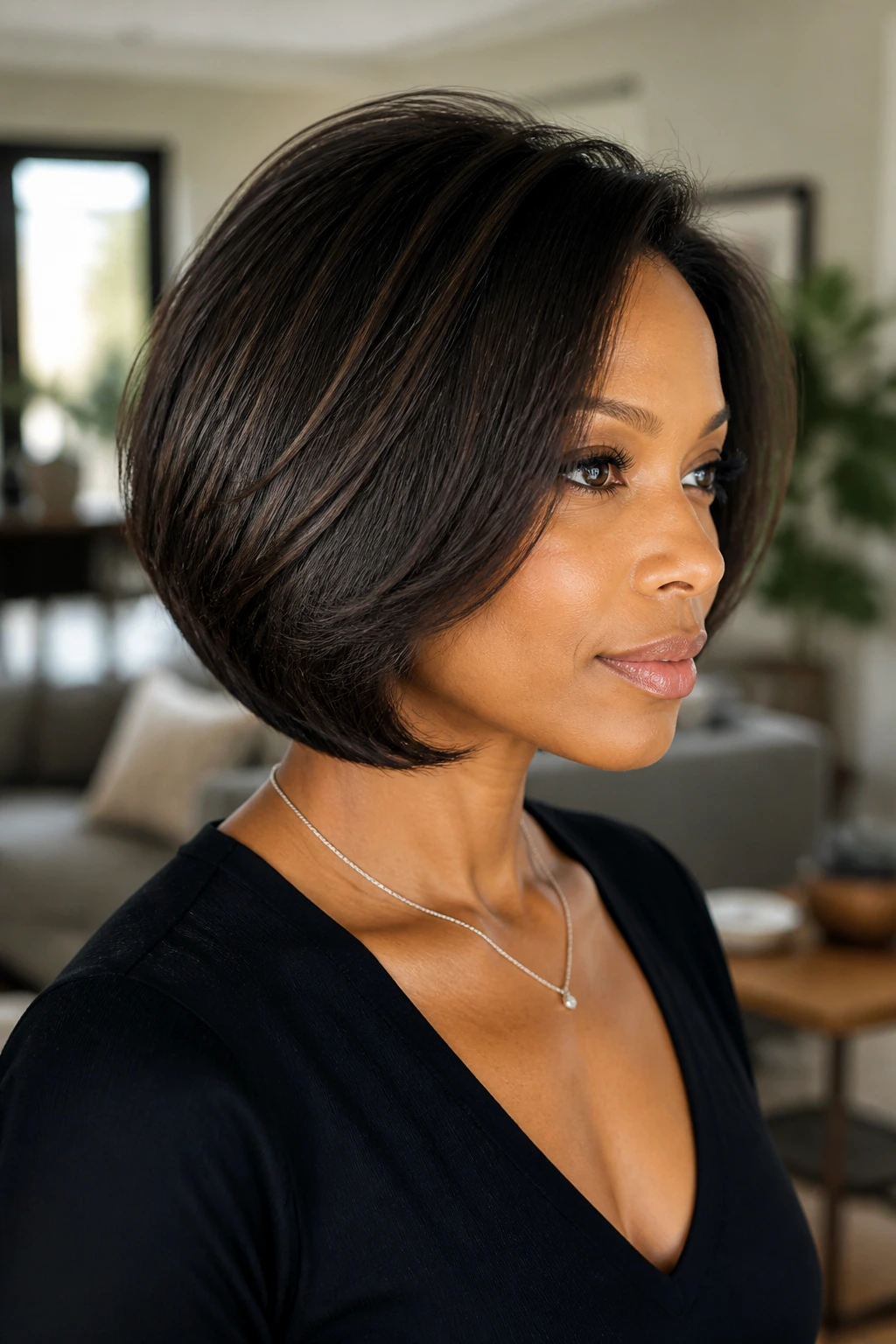 Close-up portrait of a real woman with a rounded bob and crown lift