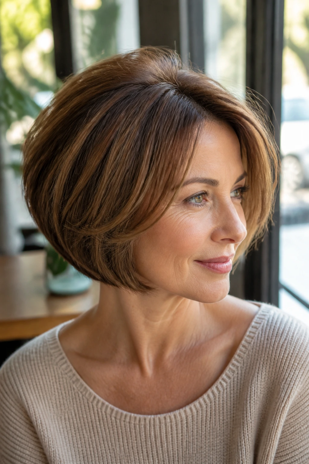 Close-up portrait of a real woman with a rounded bob and crown volume under soft daylight