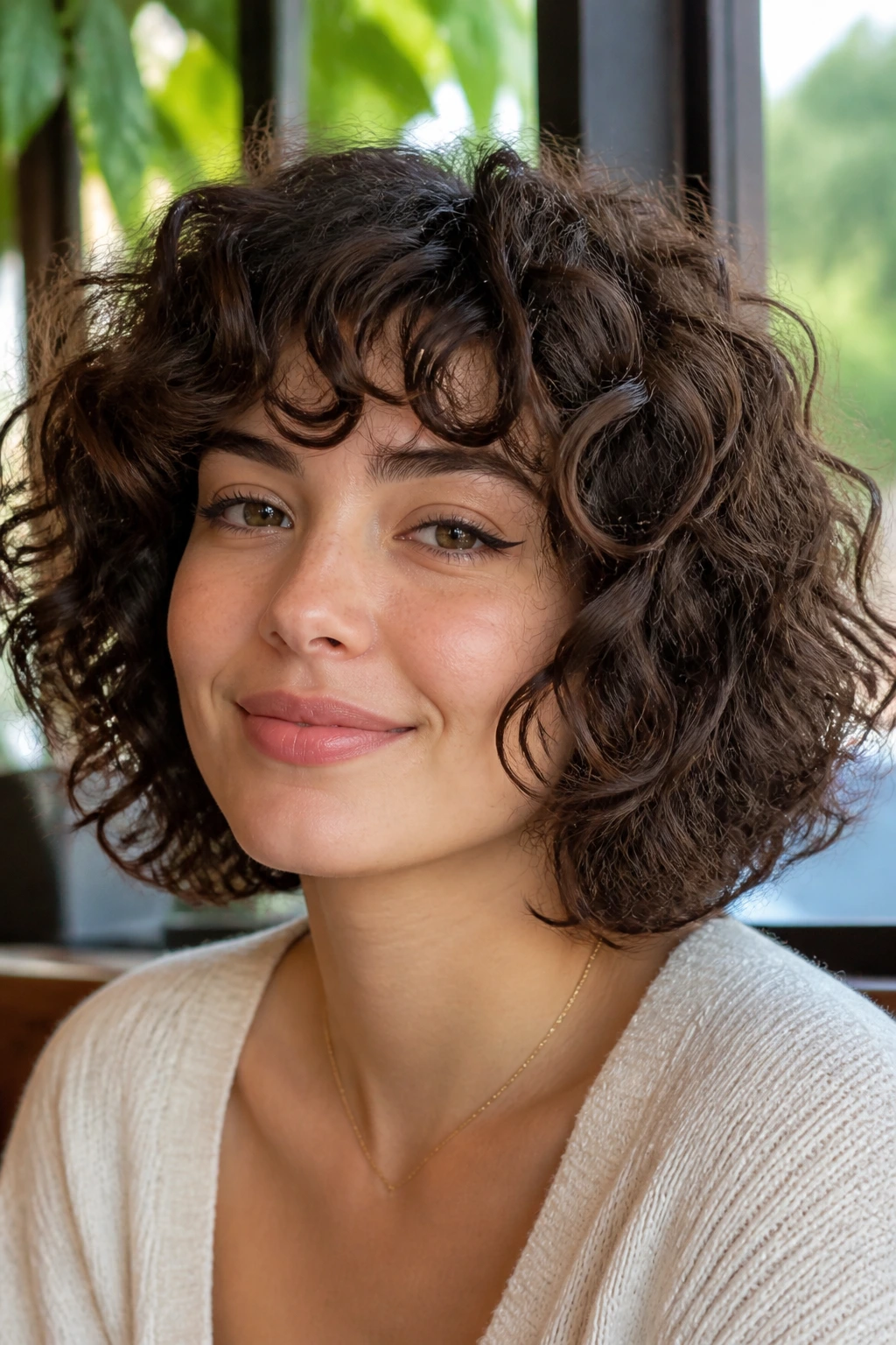 Portrait of a real woman with rounded curly bob and shag fringe, soft natural light.