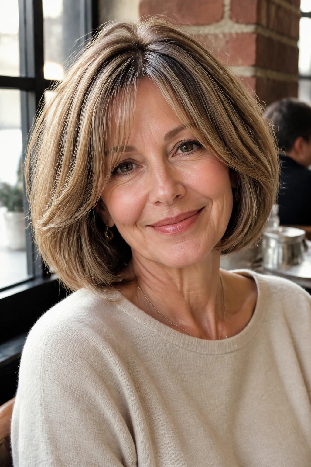 Portrait of a woman with rounded bob and bouncy curtain bangs in cafe light.