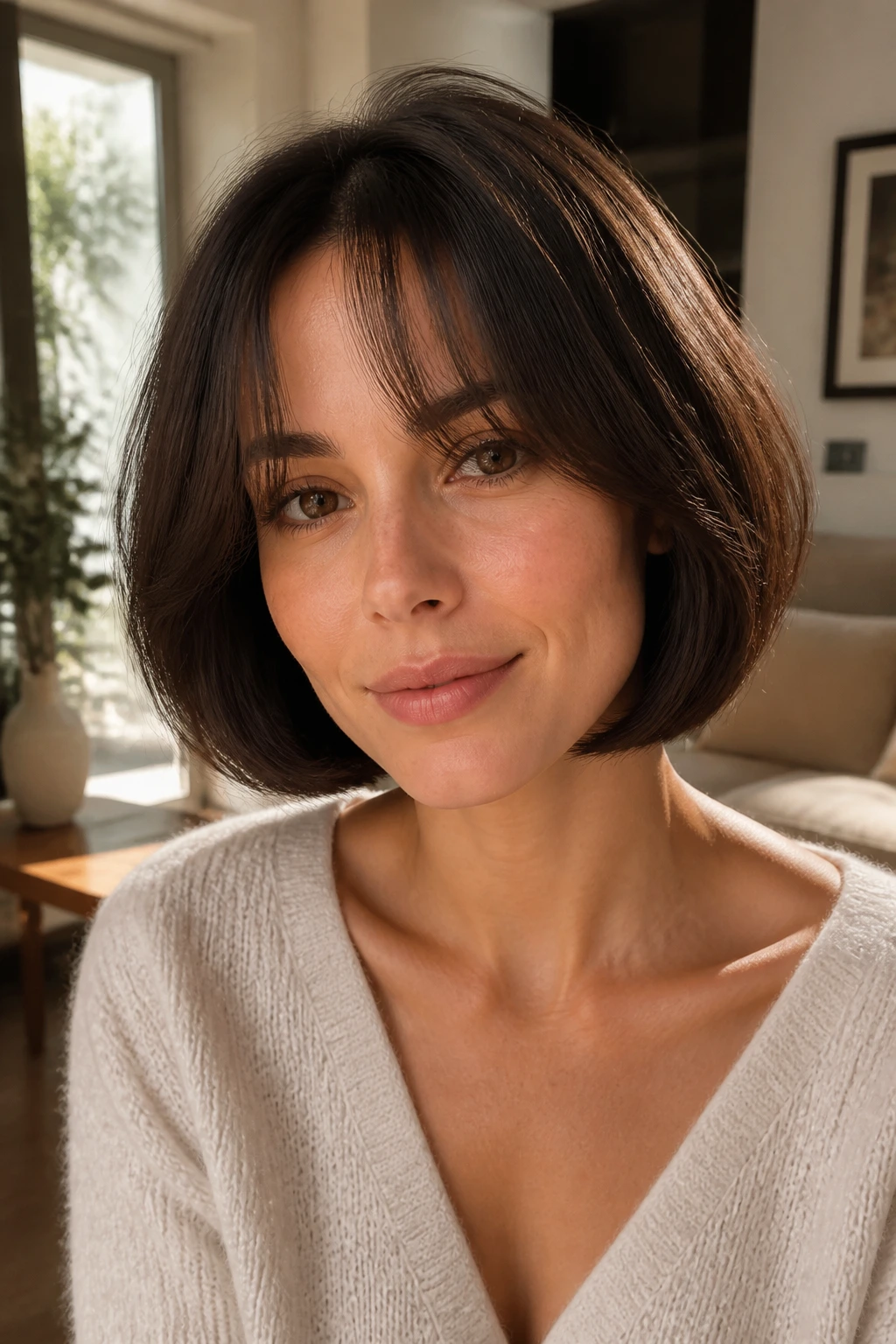 Close-up of a real woman with rounded bob and curtain fringe