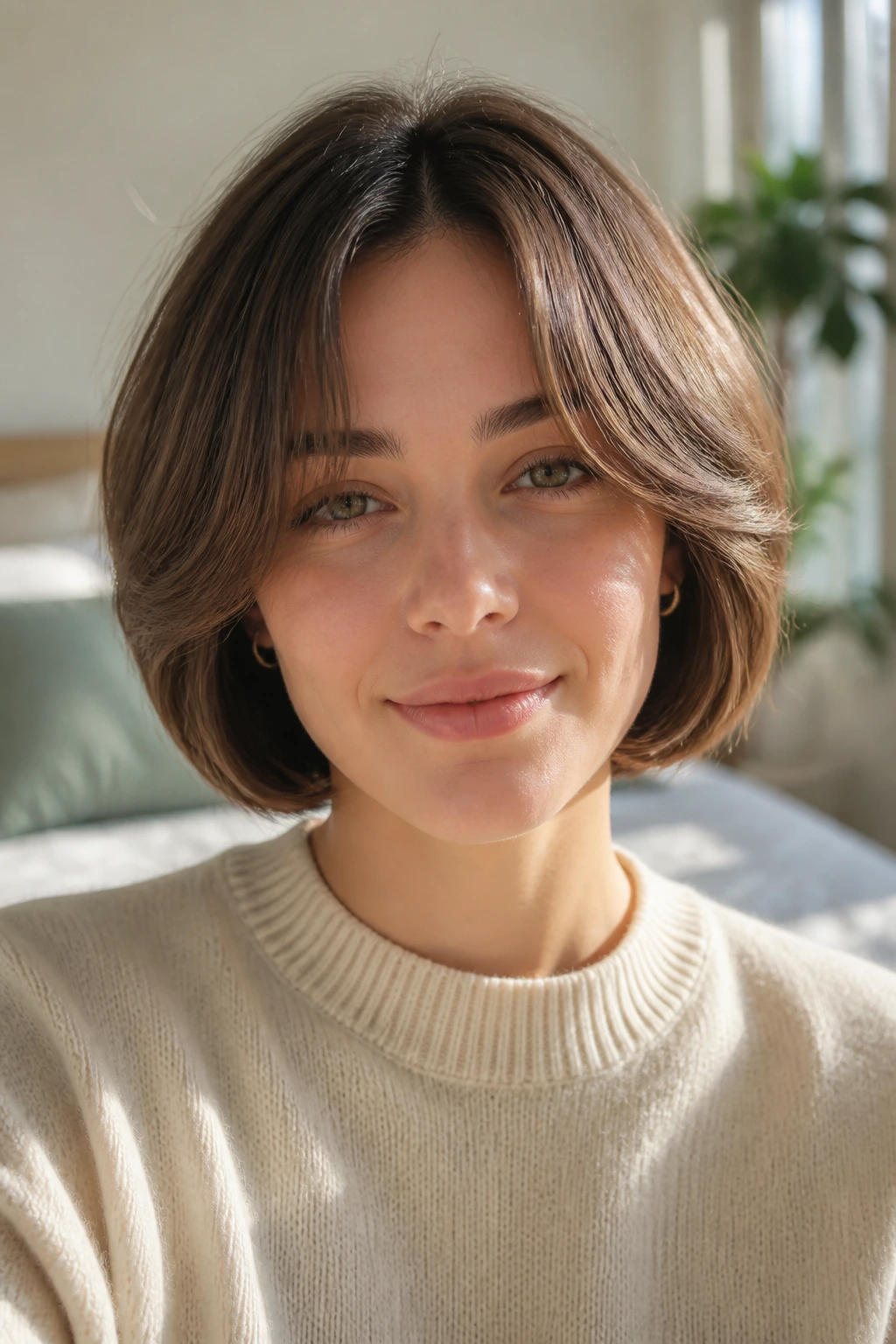 Close-up of a real person with a rounded bob and curtain-style sweep.