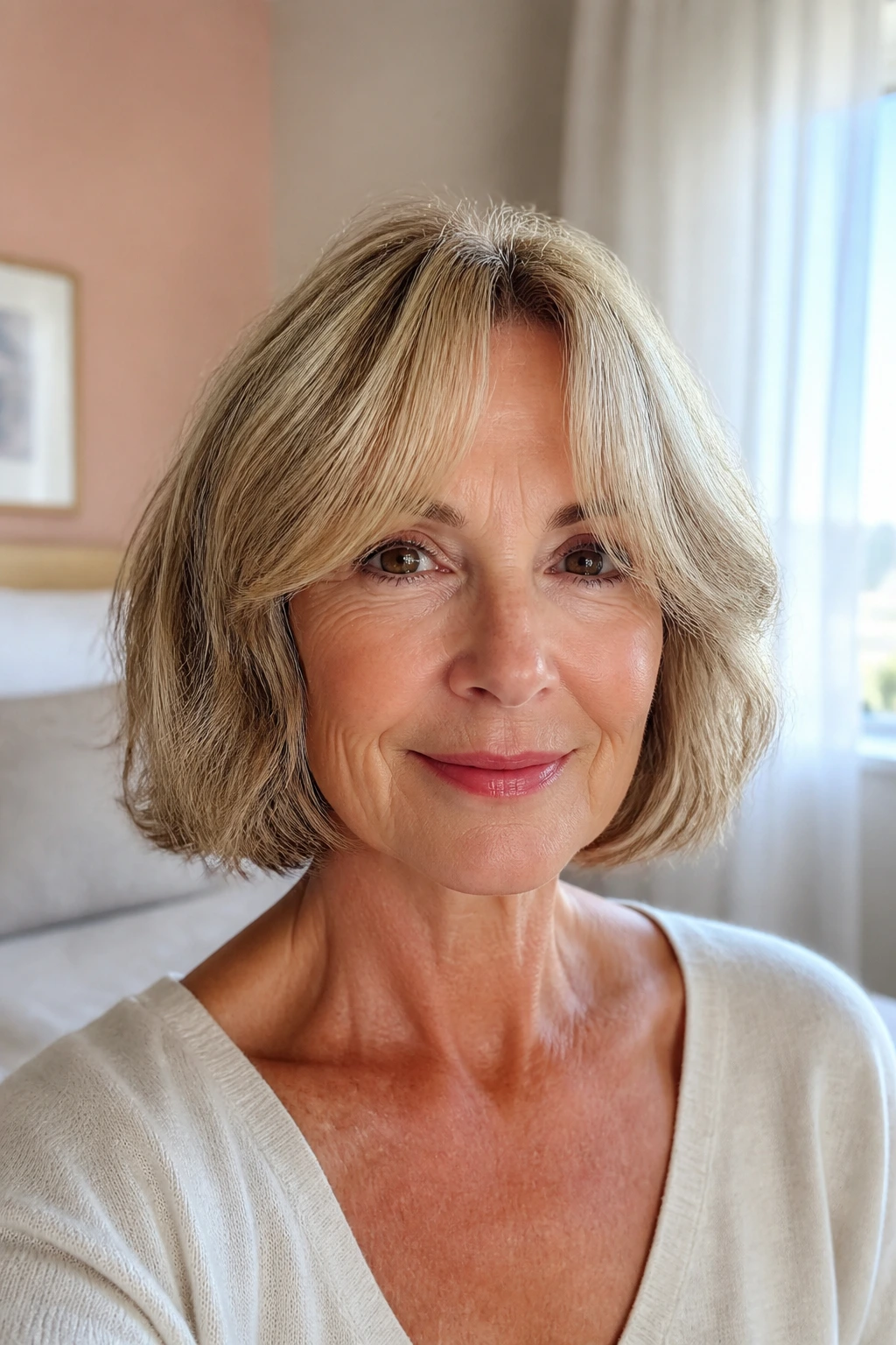 Close-up of rounded bob with airy curtain fringe on a real woman in a sunlit bedroom