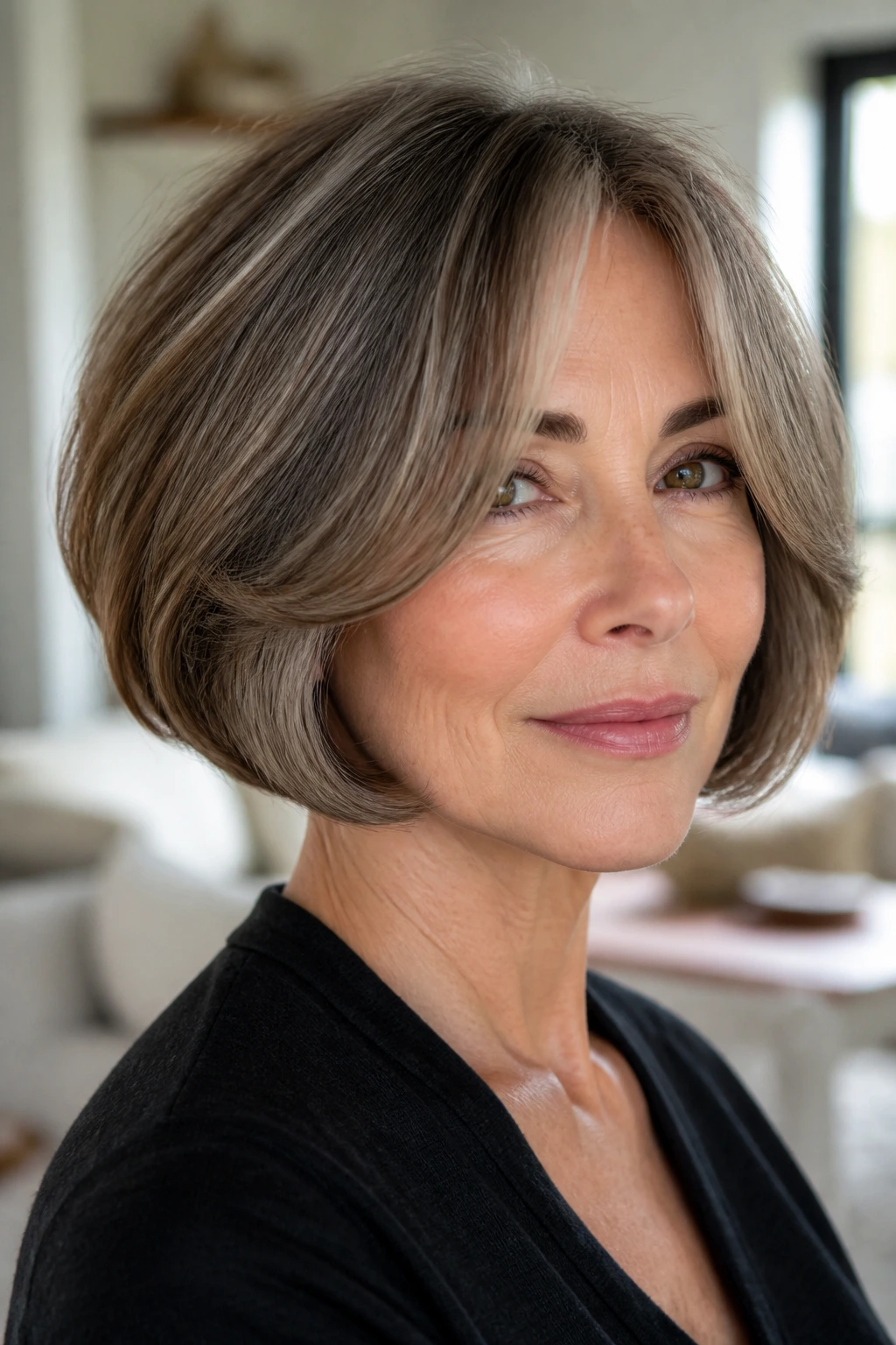 Real woman with rounded bob and curtain layers close-up