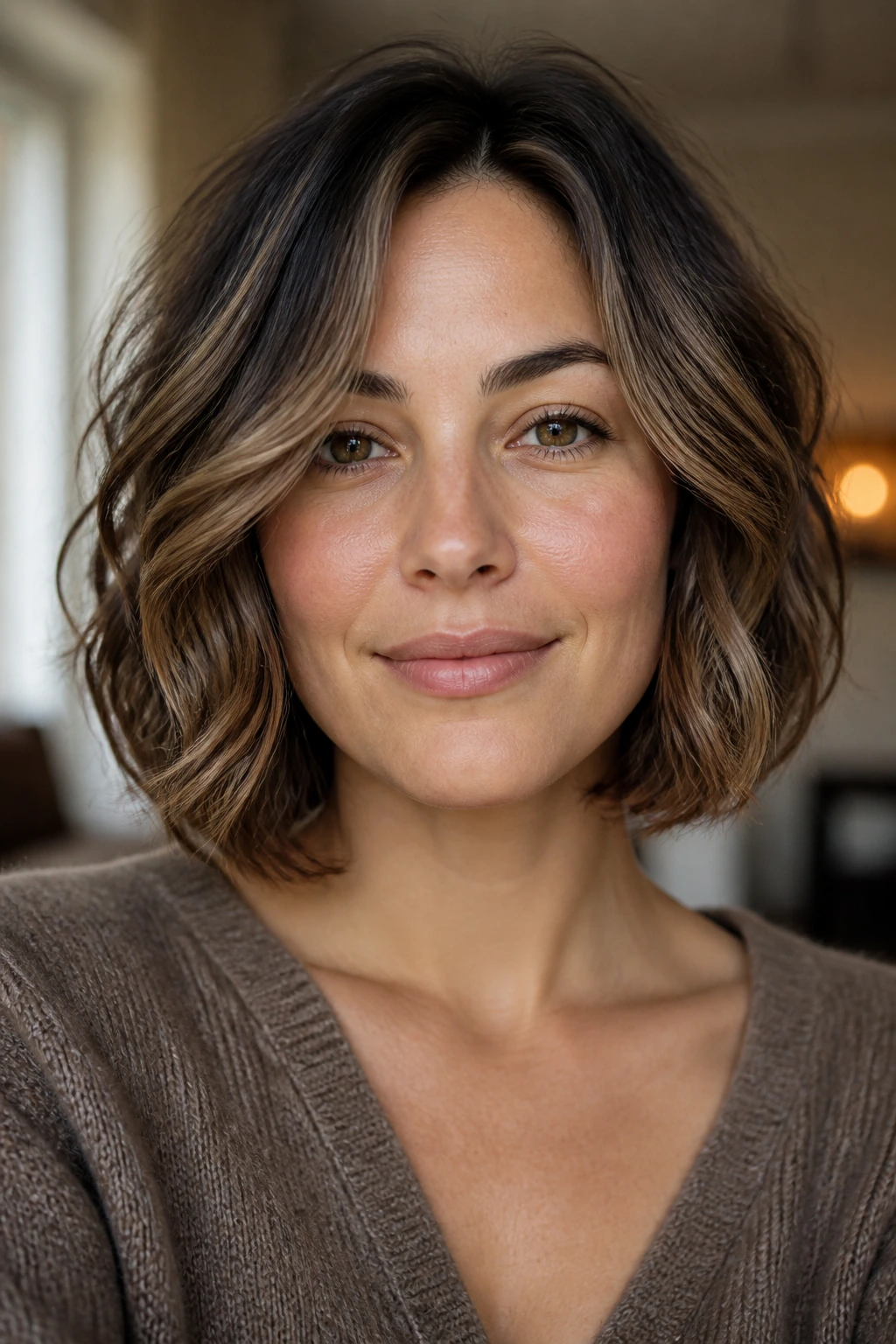 Real woman with a rounded bob and curved perimeter in natural light