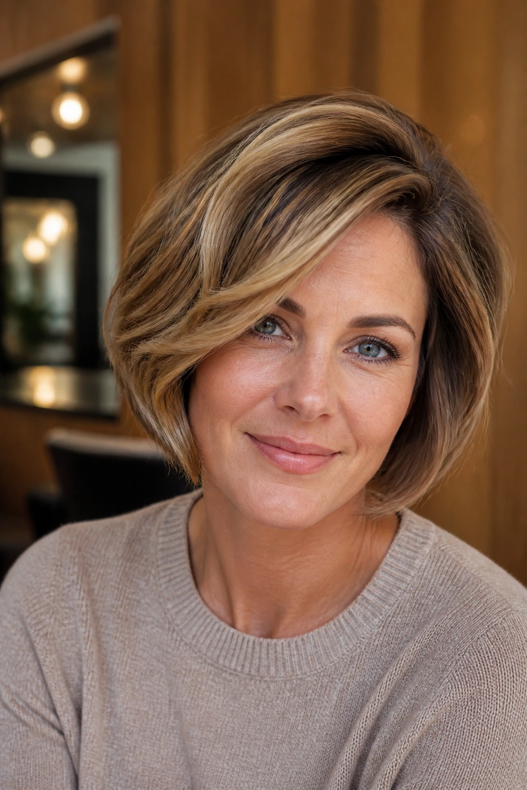 Close-up of a real woman with rounded bob and deep side part, caramel highlights in warm salon lighting.
