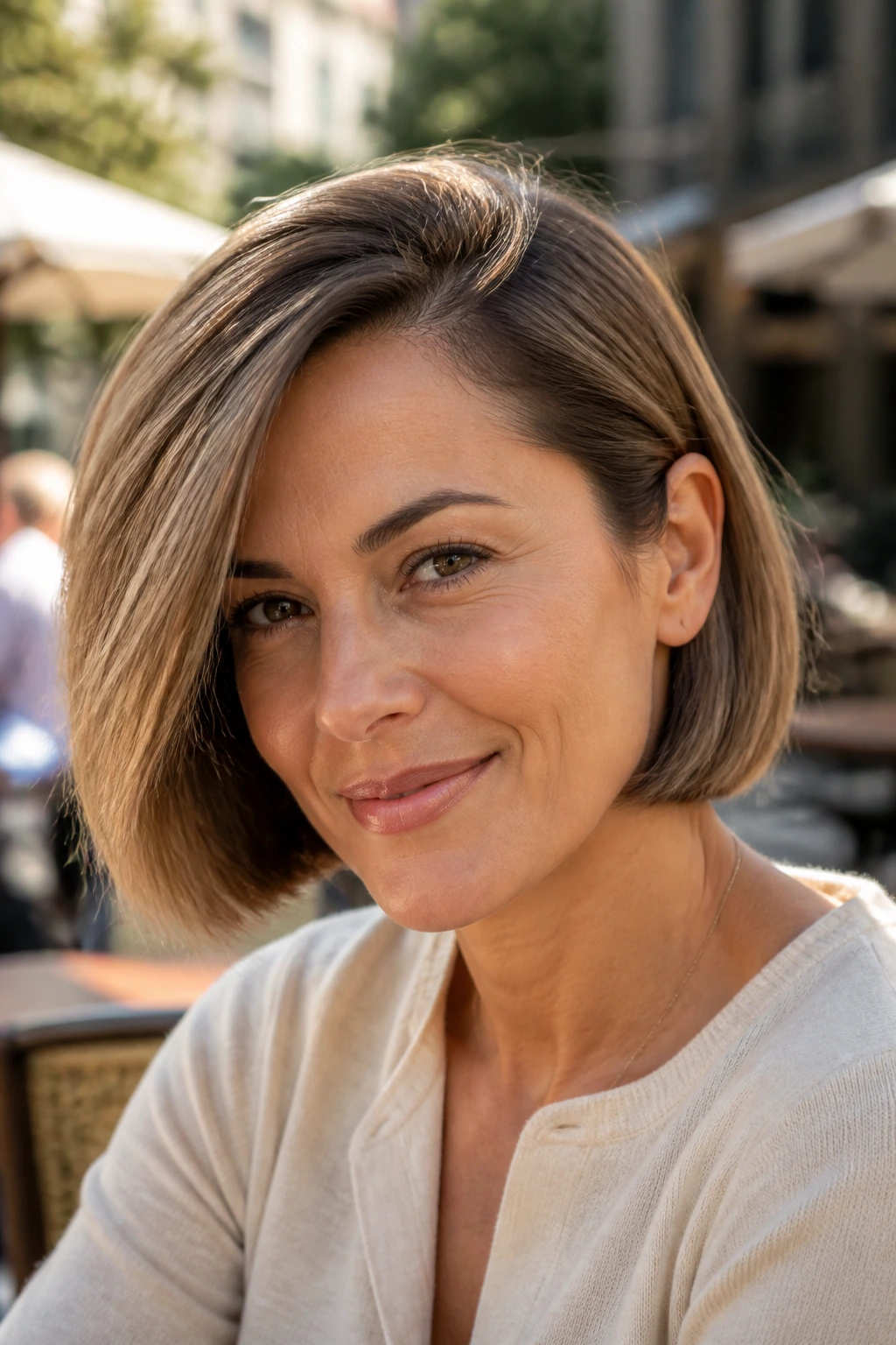 Portrait of a real woman with a rounded bob and deep side part.