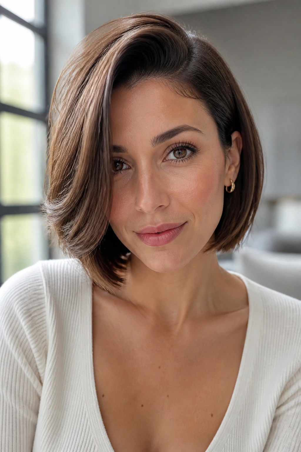 Portrait of a woman with rounded bob and deep side part.