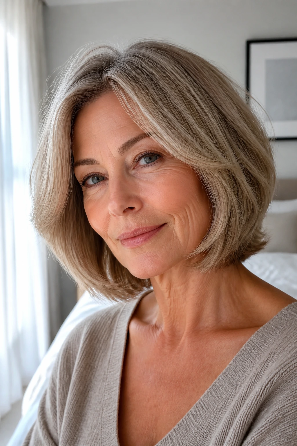 Close-up portrait of a real woman with rounded bob and face-framing layers