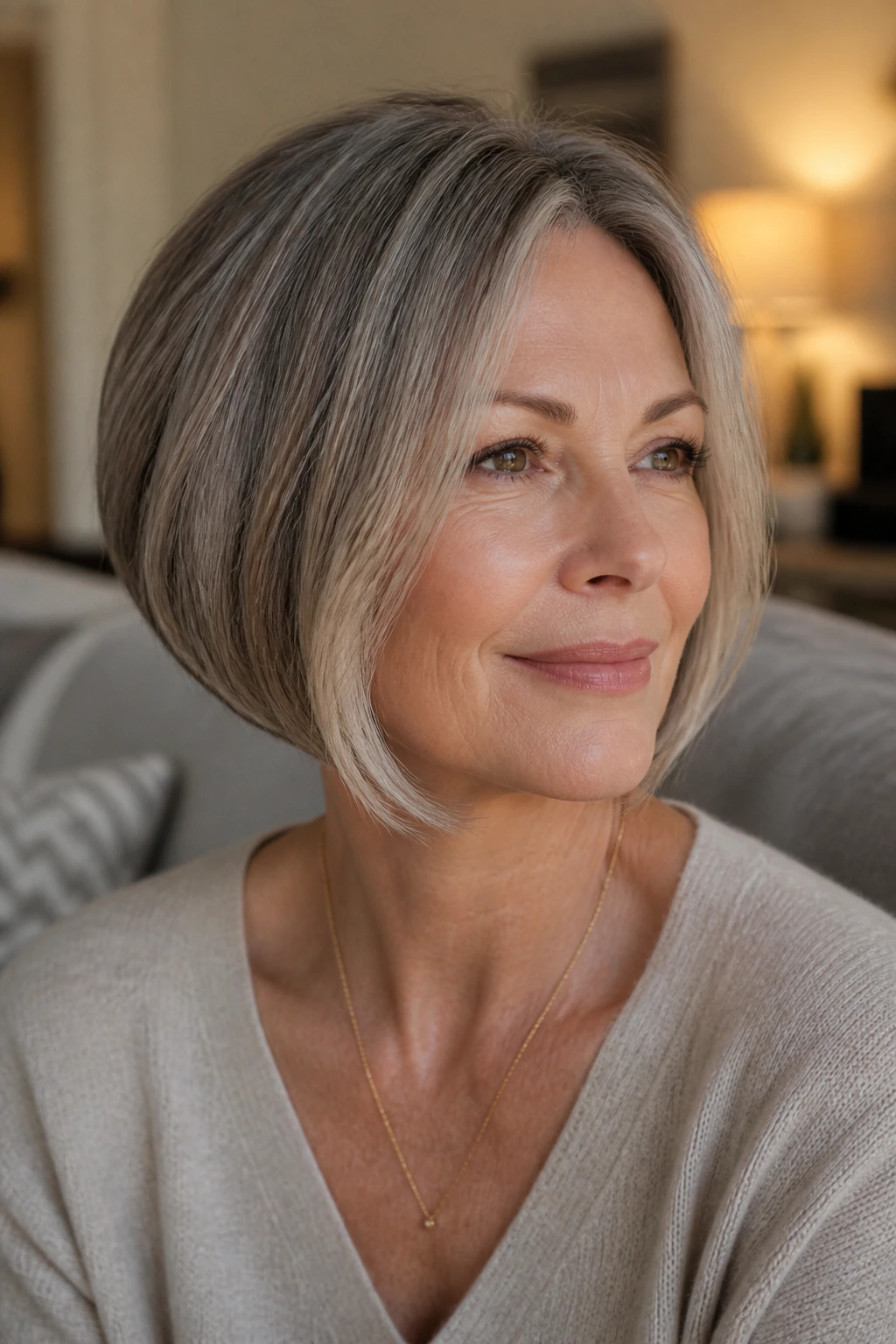 Close-up of a real woman with rounded bob and face-hugging front pieces