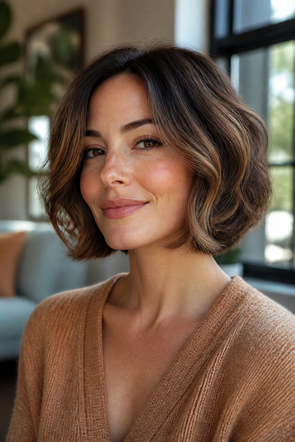 Close-up of rounded bob with feathered perimeter on a real woman with soft cheek framing