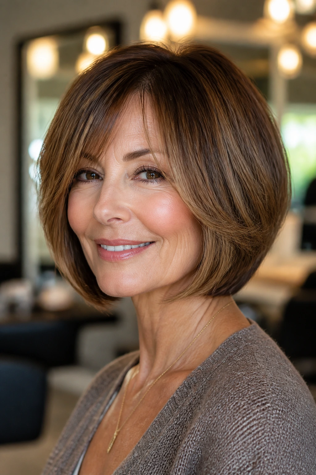Close-up portrait of a real woman with rounded bob and feathered face frame in a salon