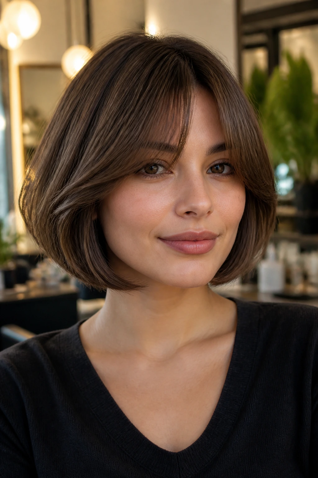 Close-up of real person with rounded bob and feathered curtain fringe