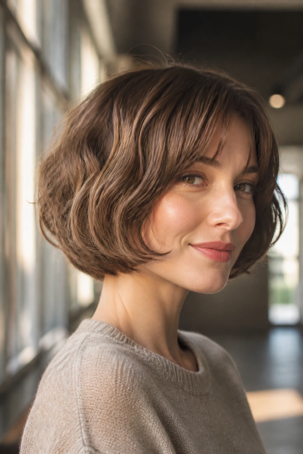 Close-up of a real woman with a rounded bob and fine waves