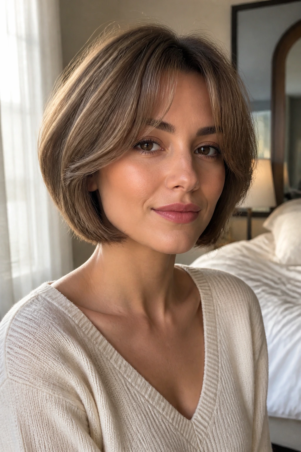 Close-up of a real woman wearing a rounded bob with soft curtain fringe