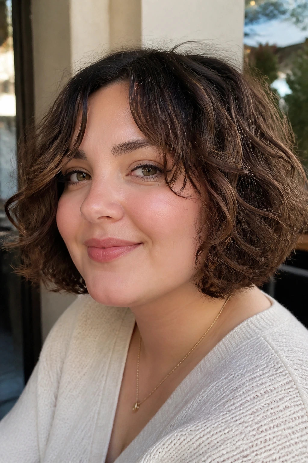 Close-up of a real woman with a rounded bob flattering full cheeks