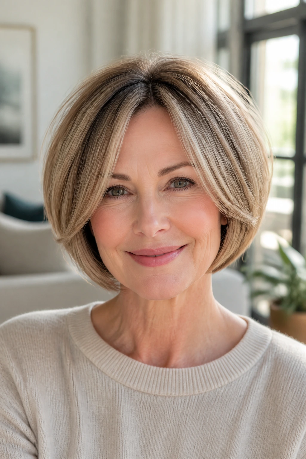 Real woman with rounded bob and bouncy silhouette in natural light