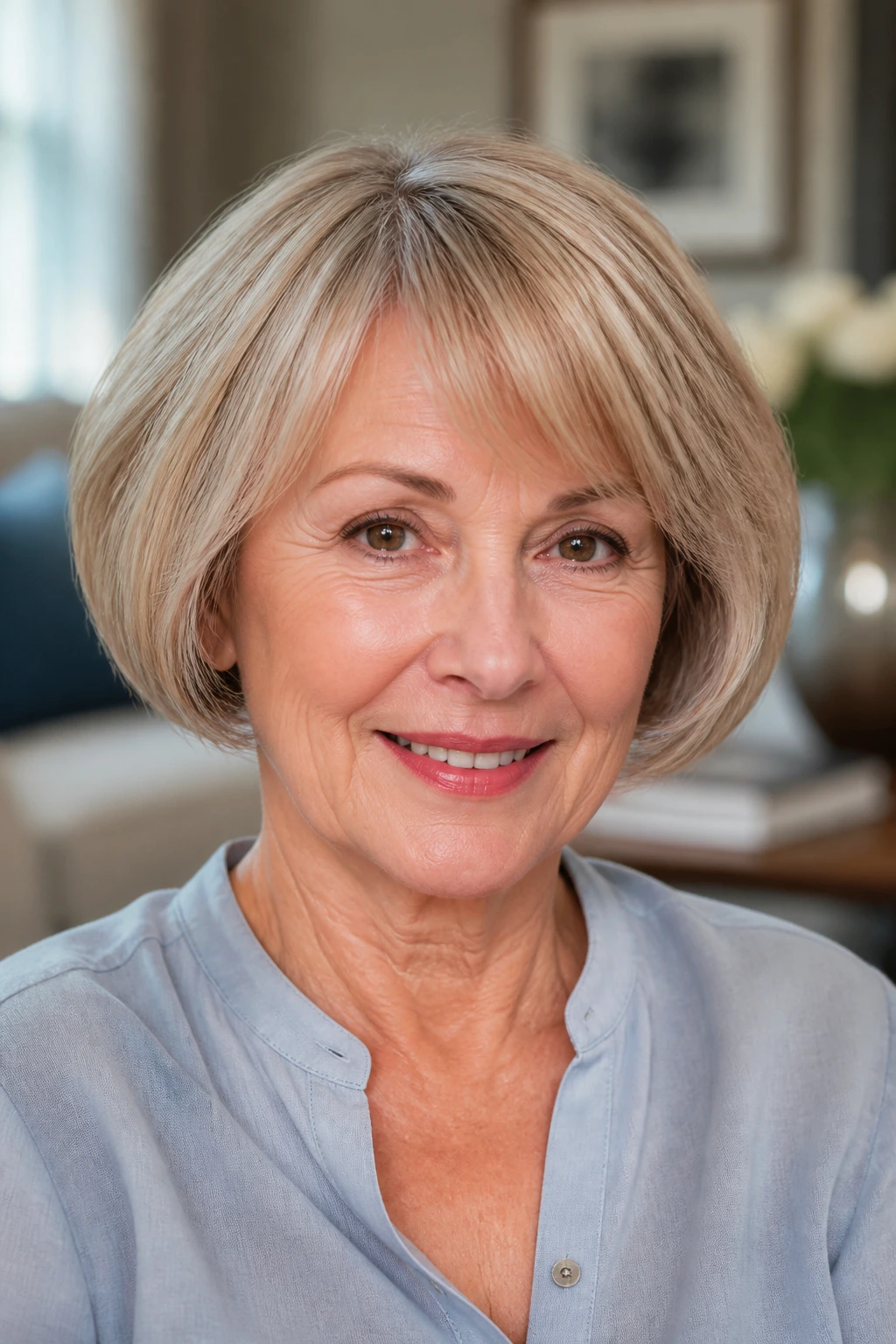 Older woman with rounded bob showing fullness at the sides in soft lighting.