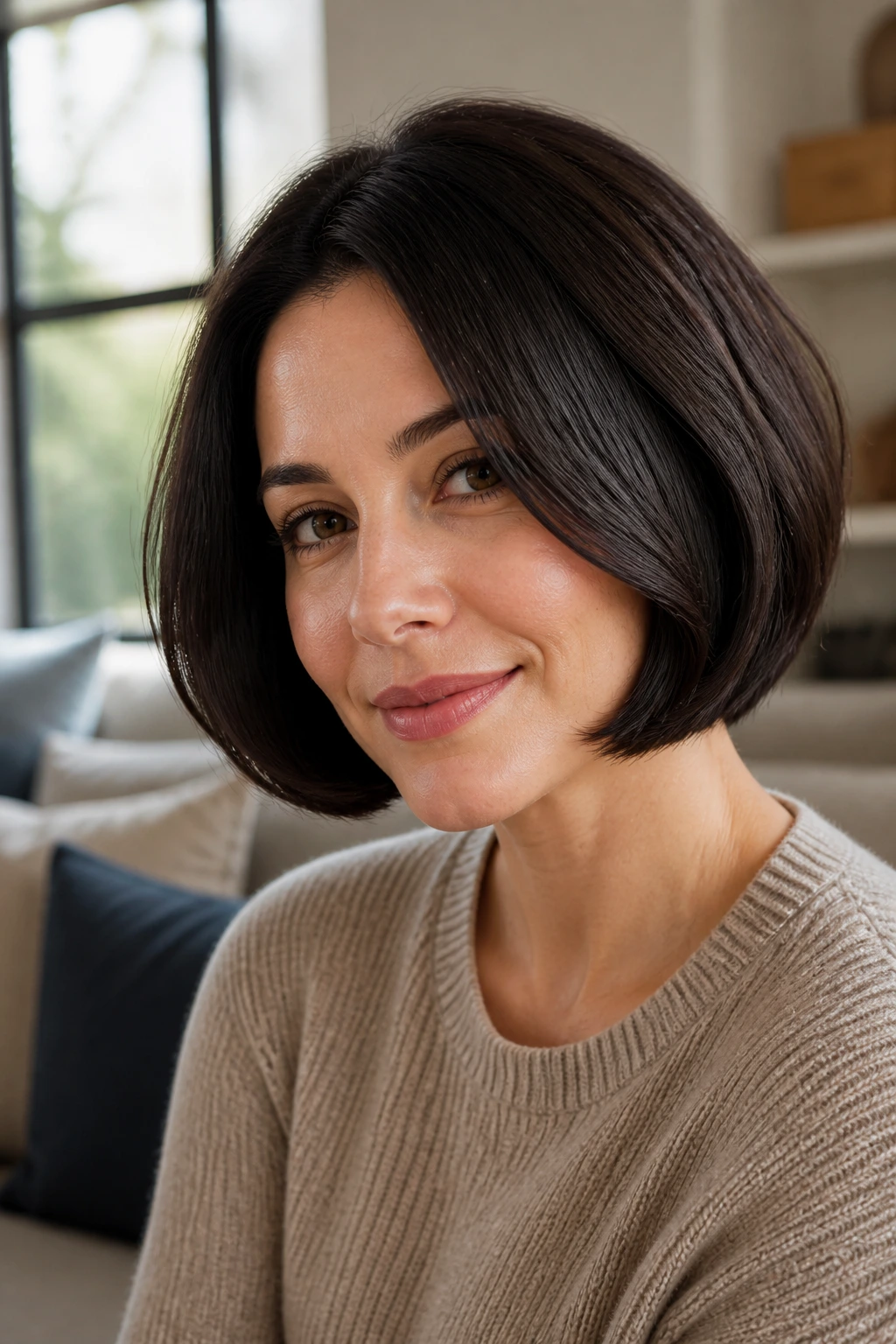 Real woman with rounded bob in soft window light at home