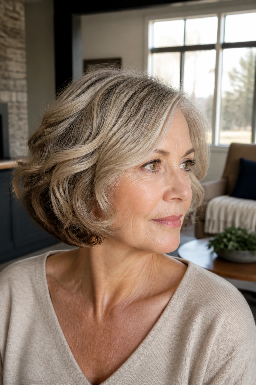 Close-up of a real woman with rounded bob and hidden depth under the top layer