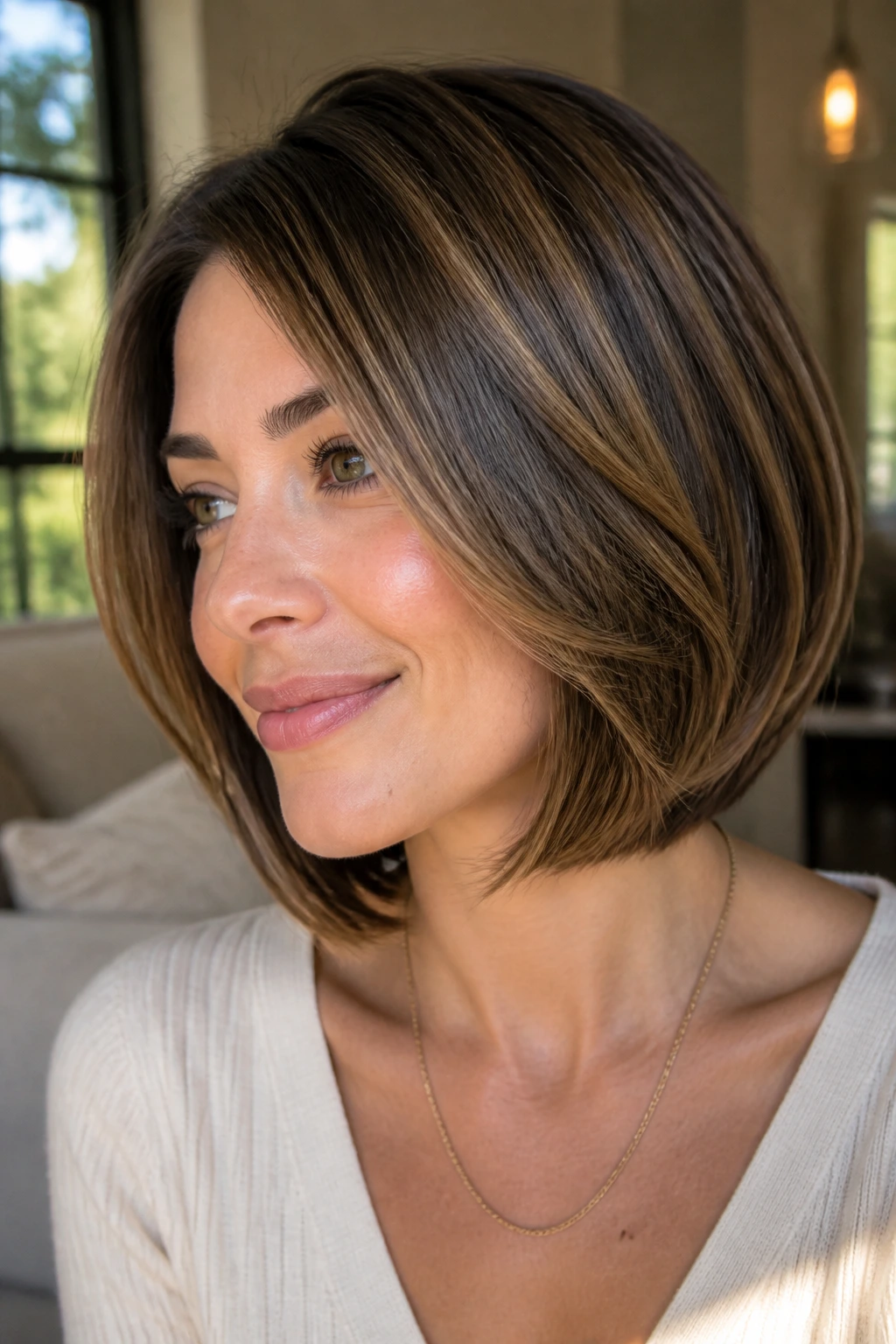 Real woman with a rounded bob and hidden layers in warm daylight