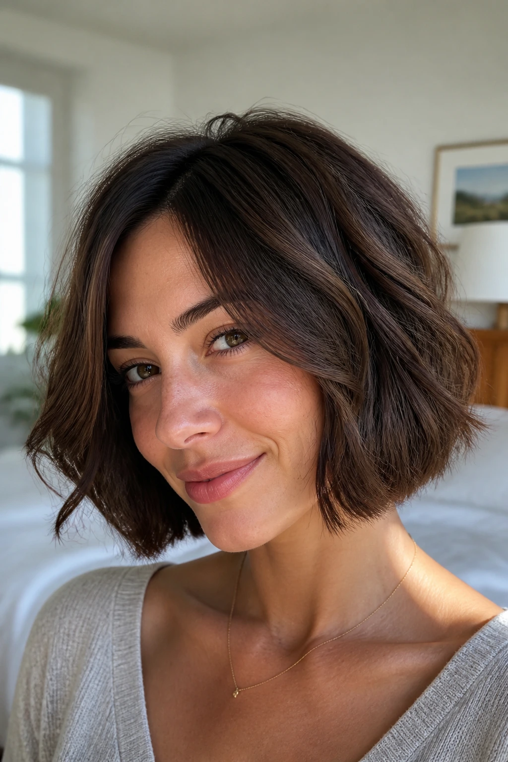 Close-up portrait of a real woman with a rounded bob and hidden interior layers