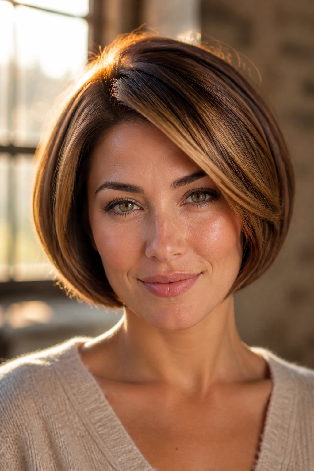 Close-up of a real woman with a rounded bob and honey caramel sweep under warm light