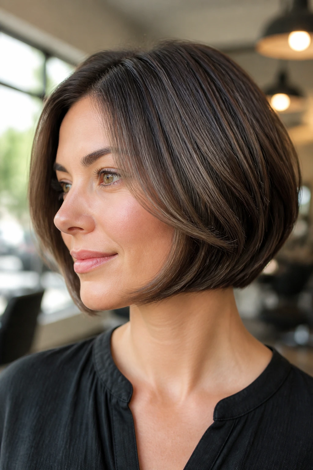 Close-up of a real woman with a rounded bob under the jaw and visible interior layers