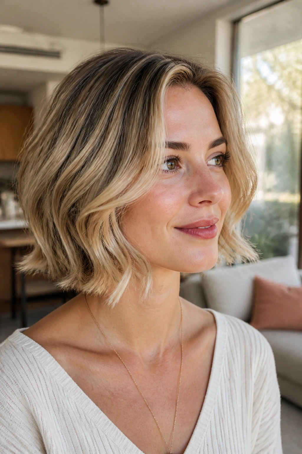 Close-up real woman with Rounded Bob with interior layers in beige caramel blonde