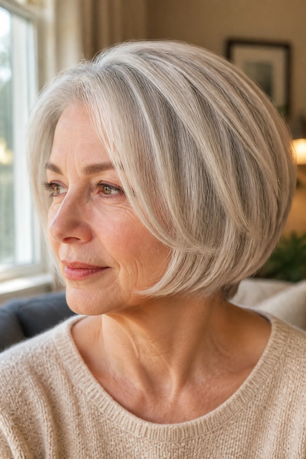 Close-up of a real woman with rounded bob and interior layers in warm natural light