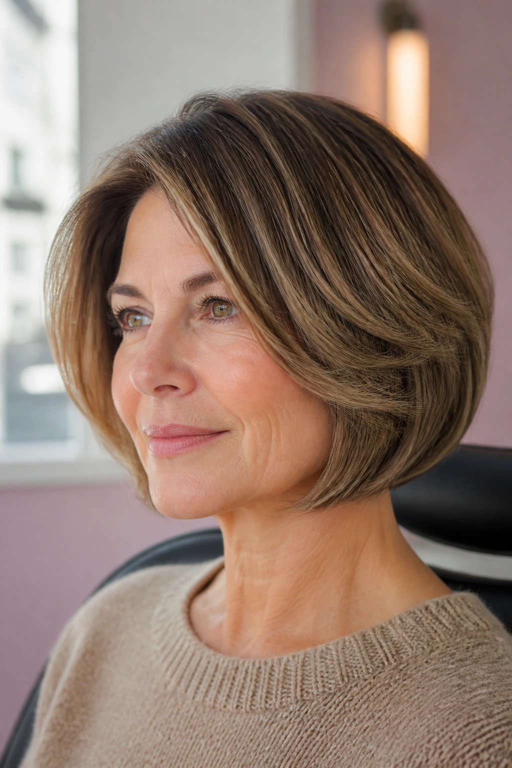 Close-up of a real woman with a rounded bob and interior layers