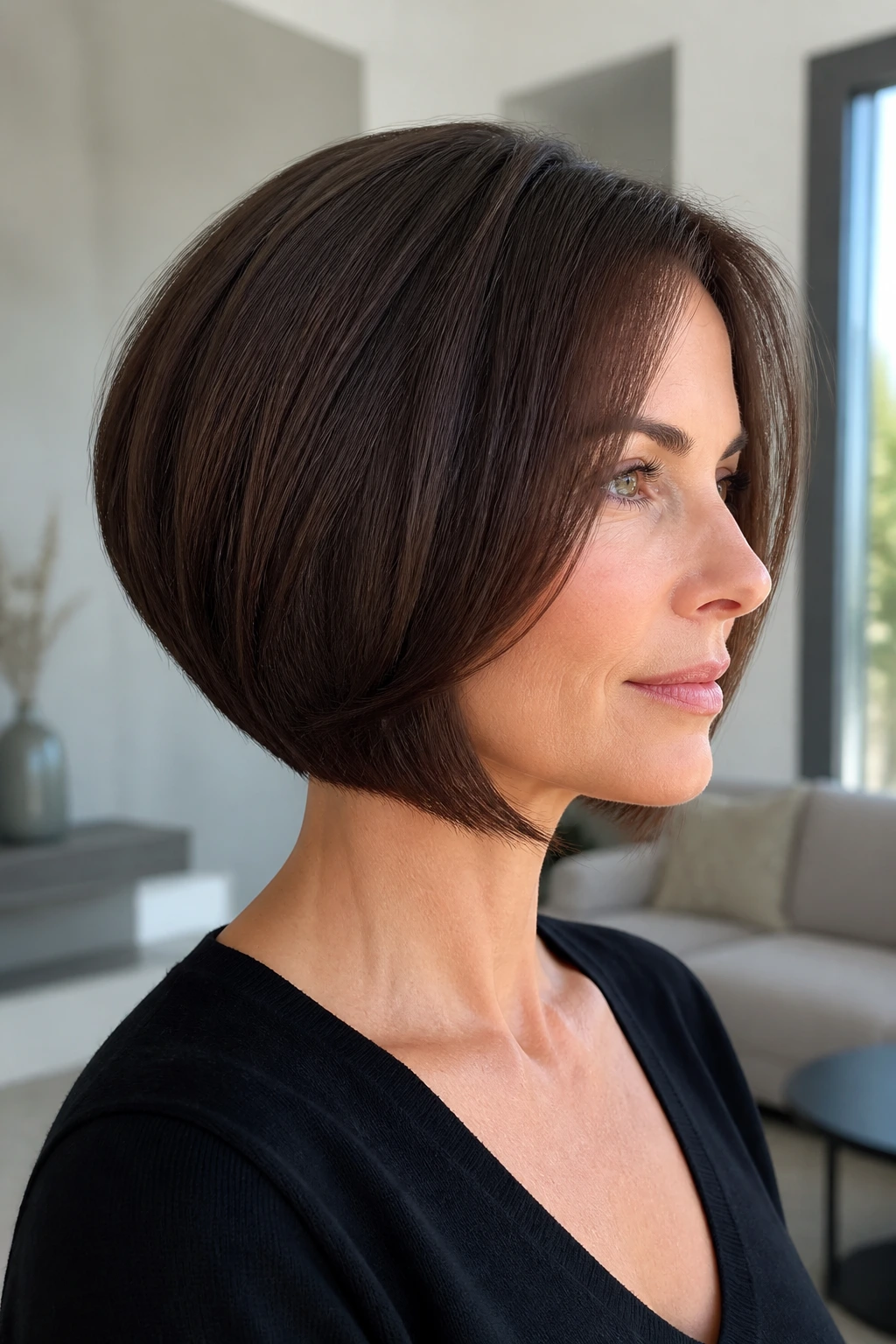 Close-up of a real person with a rounded bob and interior weight removal in a modern home setting.