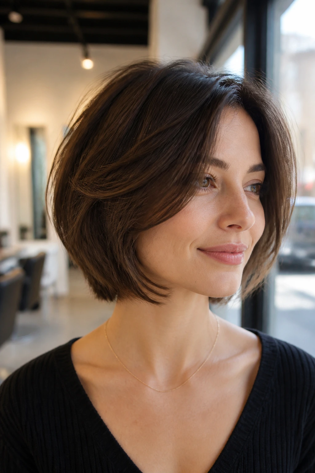Close-up portrait of a real person with rounded boyfriend bob and internal graduation