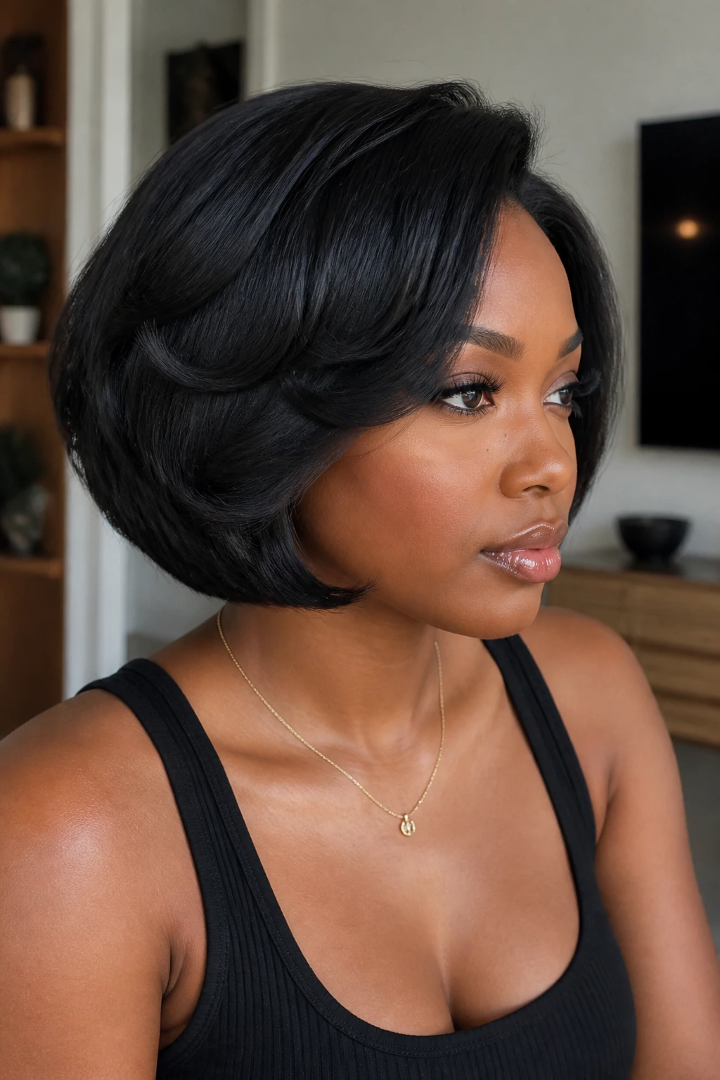 Close-up of a Black woman in a rounded bob with internal layers.