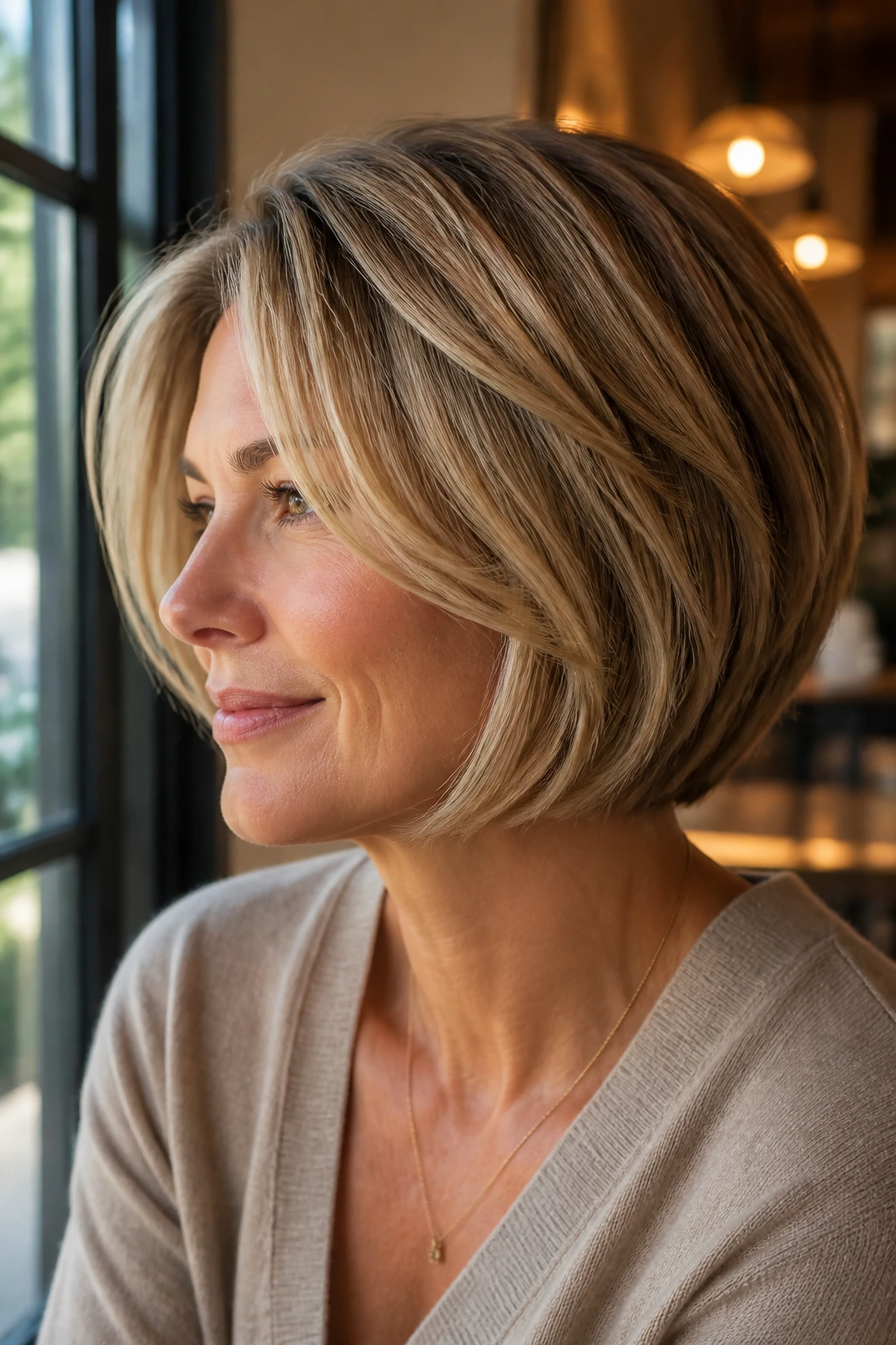 Real portrait showing rounded bob with internal layers and caramel crown highlights