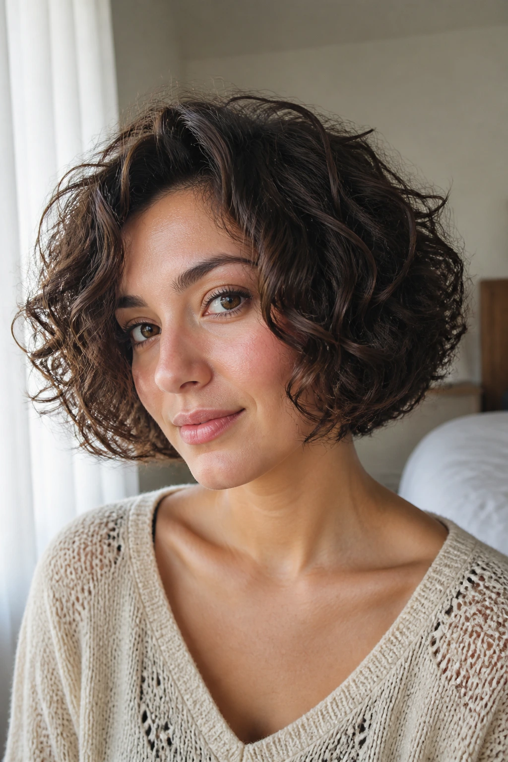 Close-up of a real woman with a rounded bob and internal layers in a softly lit bedroom