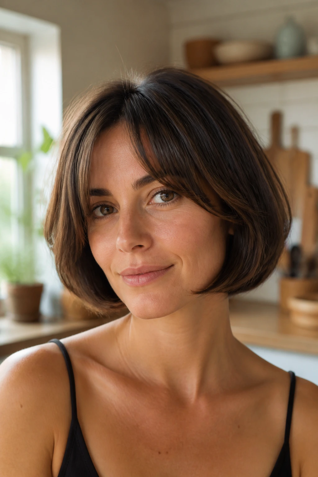 Real woman with rounded bob and internal layers in a sunlit kitchen nook.